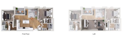 Two images of a house layout, one showing the first floor and the other showing the loft.